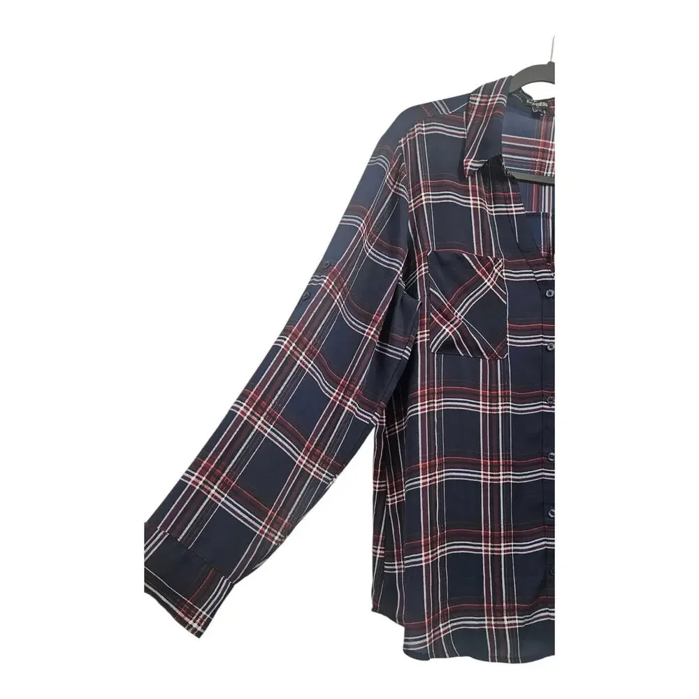 Express Womens XL Blouse Blue Plaid V-Neck Collar Roll Tab Sleeves Button-Up - Picture 4 of 8